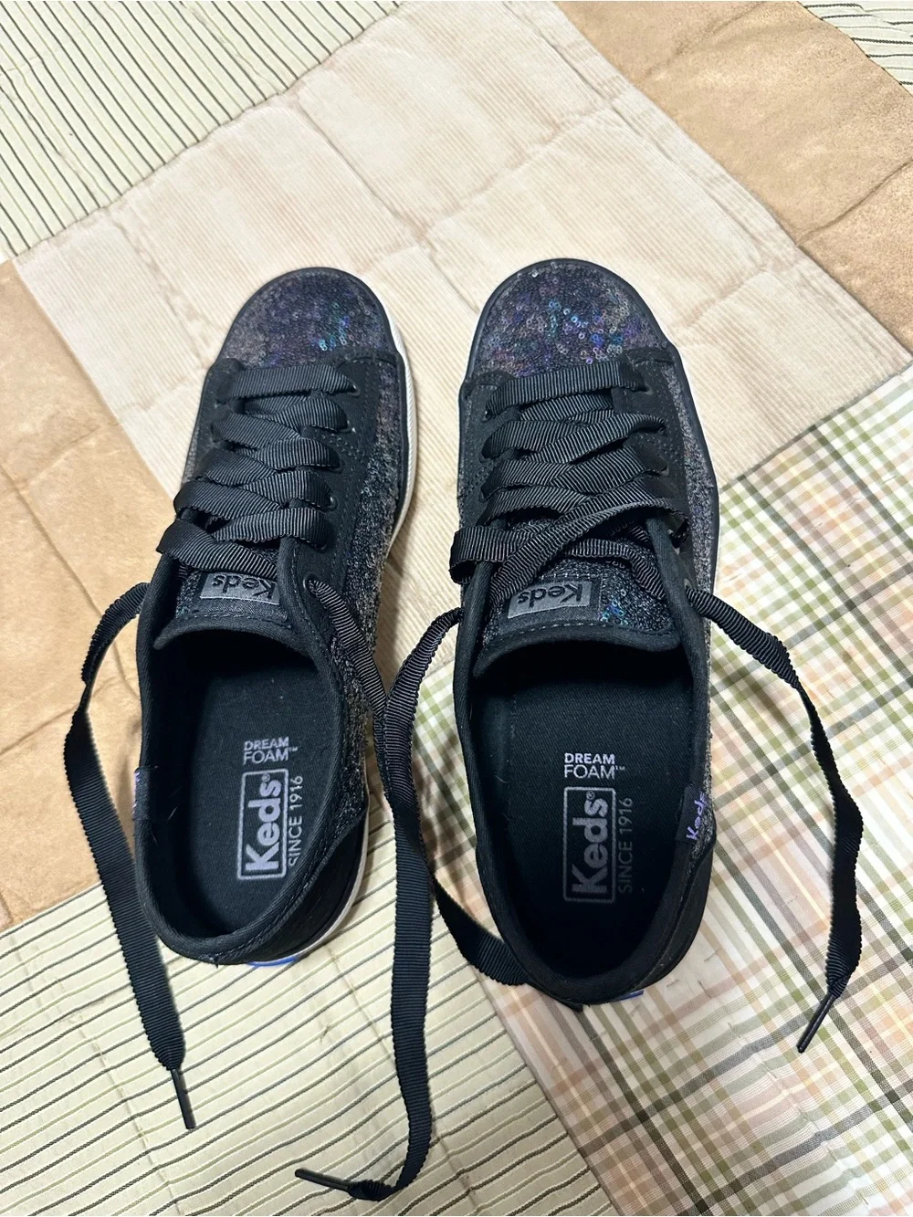 Keds Kids Black Iridescent Sequin Ribbon Lace Sneakers
